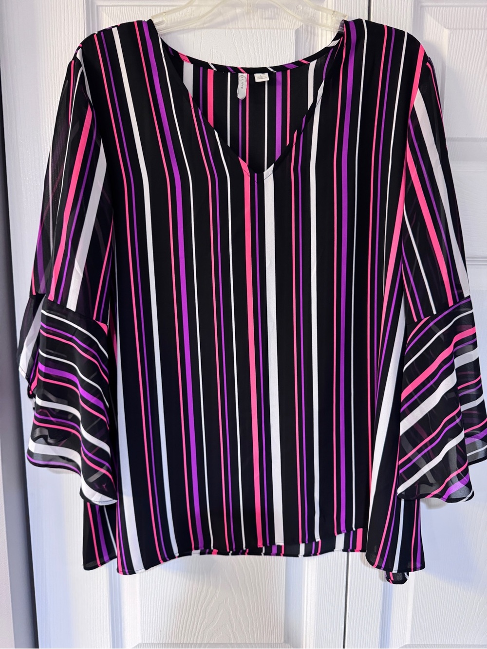 Striped V-Neck Blouse in Black with Pink & White Accents